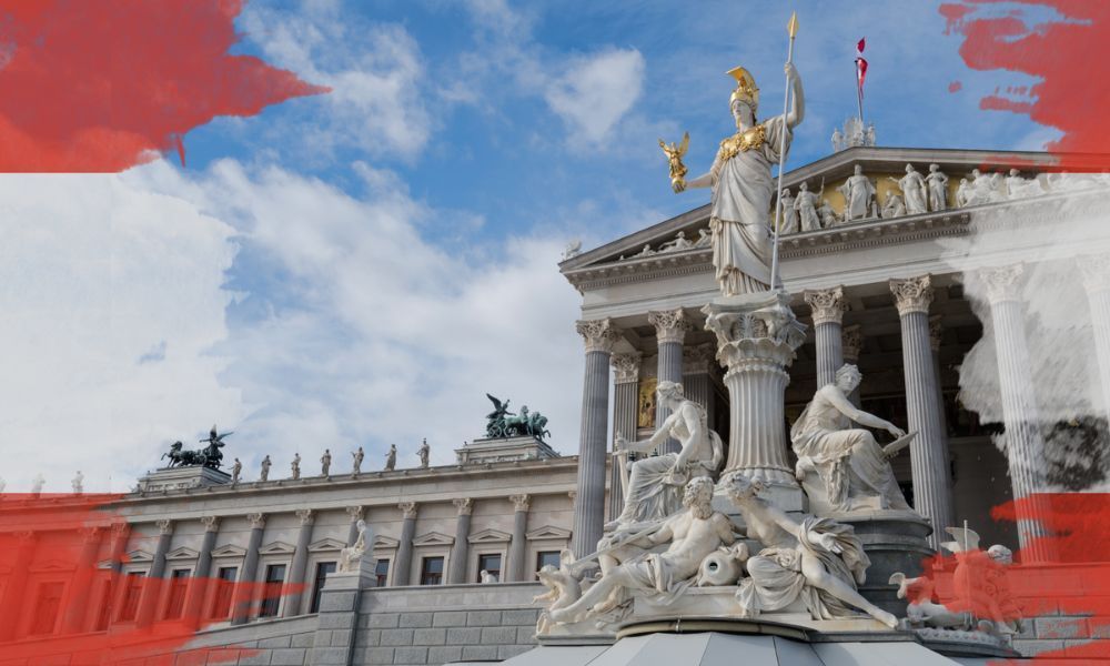 Foto vom Parlament mit rot-weiß-rotem Rand