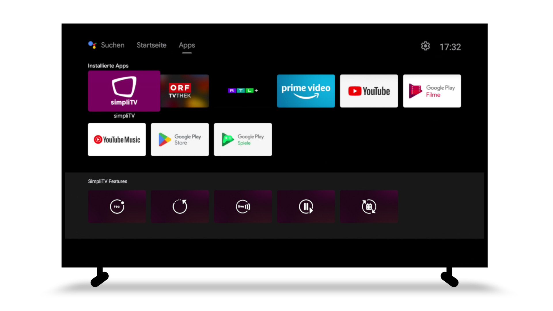 TV mit Anzeige der vorinsallierten Apps "simpliTV", "ORF-TV-Thek", "prime Video", etc.